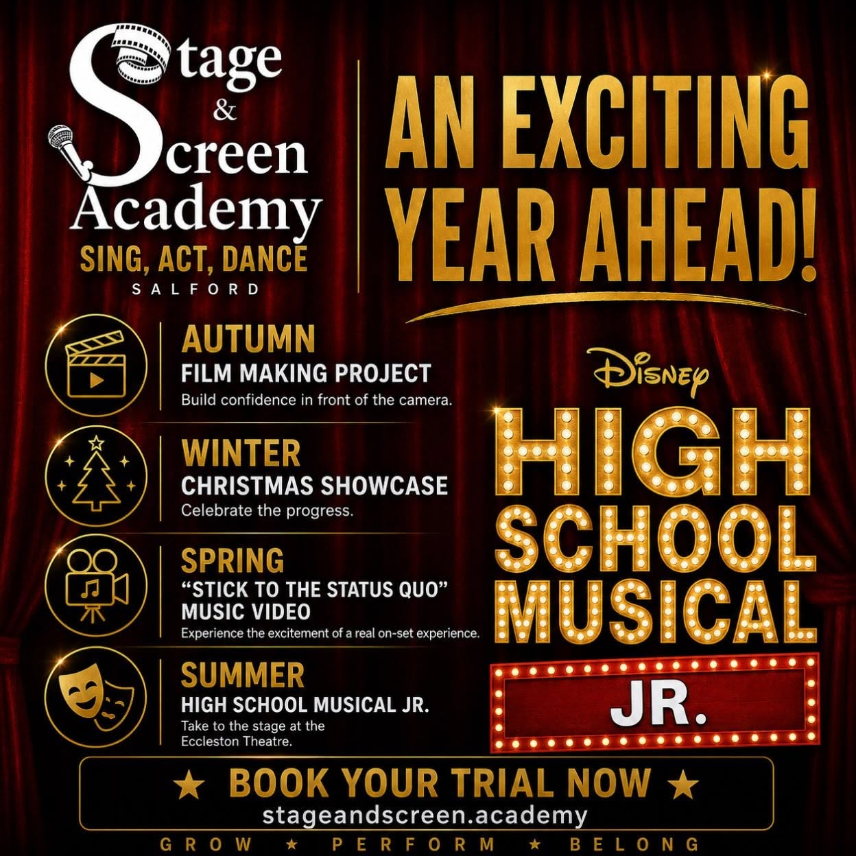 An exciting year ahead — season poster with autumn film making, winter Christmas showcase, spring music video and summer High School Musical JR at the Eccleston Theatre